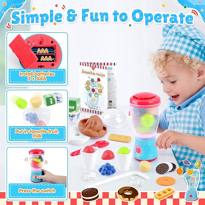 PLAY Smoothie Maker Toy Blender Set - 27 Pcs Pretend Play Kitchen Appliance for Kids with Realistic Action, Light and Sound, Play Toy Food Fruits and Cookies, Toy Mixer Birthday Gift for Kids Ages 3+