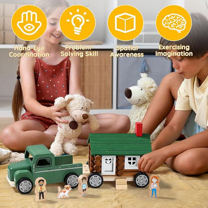 SainSmart Jr. Wooden Truck Building Playset for Kids, Vintage Camper RV Compatible with Lincoln Logs, STEM Educational Toy, Perfect Retro Gift for Ages 3+