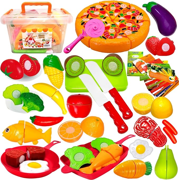 FUNERICA Play Kitchen Cutting Food Toys for Kids - Pretend Cutting Fruits, Vegetables, Cuttable Pizza Pie, Poultry and Fish, Toddler Play Kitchen Accessories with Pots and Utensils