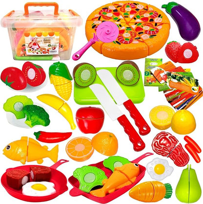 FUNERICA Play Kitchen Cutting Food Toys for Kids - Pretend Cutting Fruits, Vegetables, Cuttable Pizza Pie, Poultry and Fish, Toddler Play Kitchen Accessories with Pots and Utensils