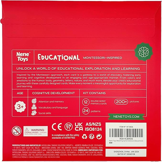 Nene Toys Educational Memory Extension Cards - 24 Extra Themed Patterns – Additional Matching Cards with Numbers, Letters, Animals, Body Parts Exclusive Size