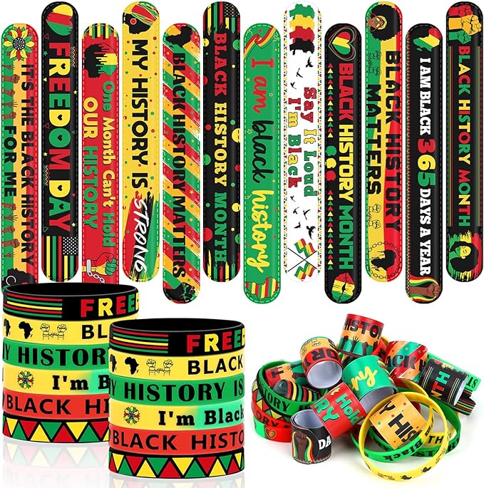 JUNEBRUSHS 50Pcs Black History Month Party Favors, Black History Slap Bracelets and Silicone Bracelets for Kids Adult Gifts Black History Month Wristbands Accessories Bulk for Black History Decoration