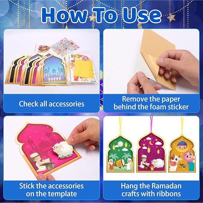 Fennoral 48 Pack Ramadan Crafts for Kids Make You Own Ramadan Foam Sticker Ornaments DIY Arts and Crafts for Kids Girls Boys Art Project Eid Mubarak Kareem Mosque Decoration