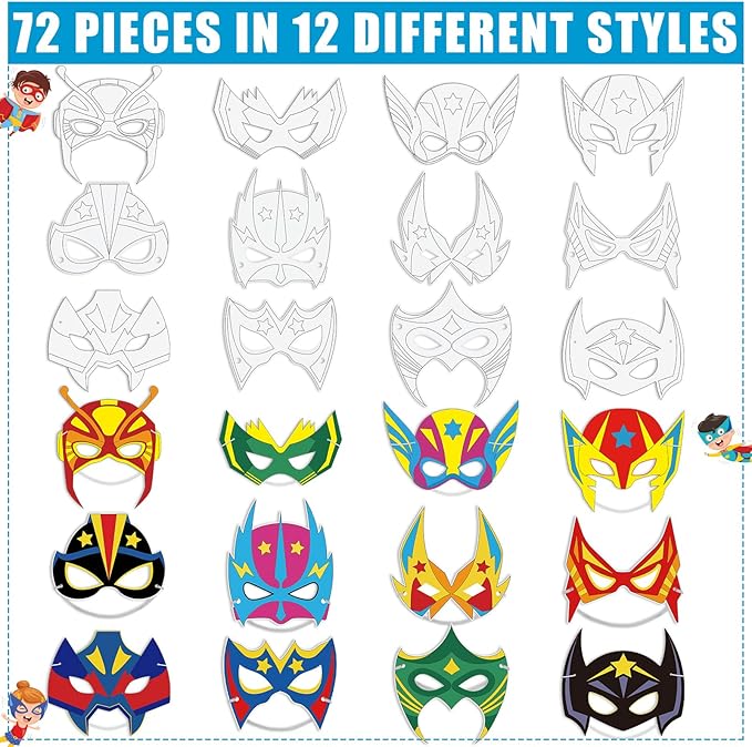 Sosation 72 Pcs Color Your Own Hero Masks Crafts for Kids DIY Paper Blank Hero Masks Making Kits with Ropes for School Class Activities Themed Birthday Party Supplies