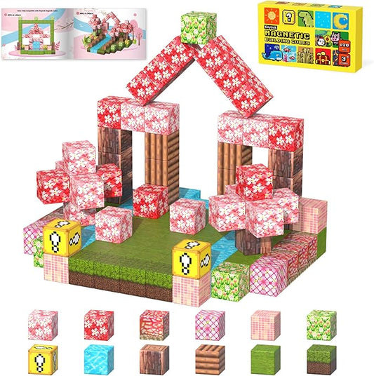 Magnetic Blocks-120PCS Magnets Cubes, Cherry Blossom Magnetic Building Blocks Toddler Magnetic Toys for Age 3-4 5-7 6-8,STEM Sensory Toys Birthday Gifts for 3+ Years Old Boys & Girls