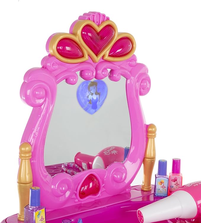 HEY! PLAY! Princess Pretend Play Kid Vanity with Stool – Functional Mirror with Lights and Sounds – Includes Fun Fashion and Makeup Accessories (Pink)
