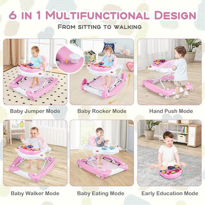 BABY JOY 6-in-1 Baby Walker, Foldable Baby Walker with Wheels, Adjustable Height, Music, Lights, Bouncer & Rocker Mode, Baby Walkers for Boys Girls 6-14 Months (Pink)