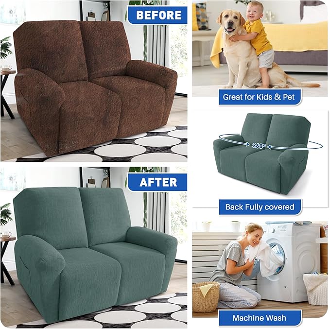 MAXIJIN Waterproof Loveseat Recliner Cover 4 Pieces Reclining Love Seat Slipcvers, Recliner Sofa Cover 2 Seater with Elastic Straps & Pockets for Pet, Kids (Loveseat Recliner, Pea Green)