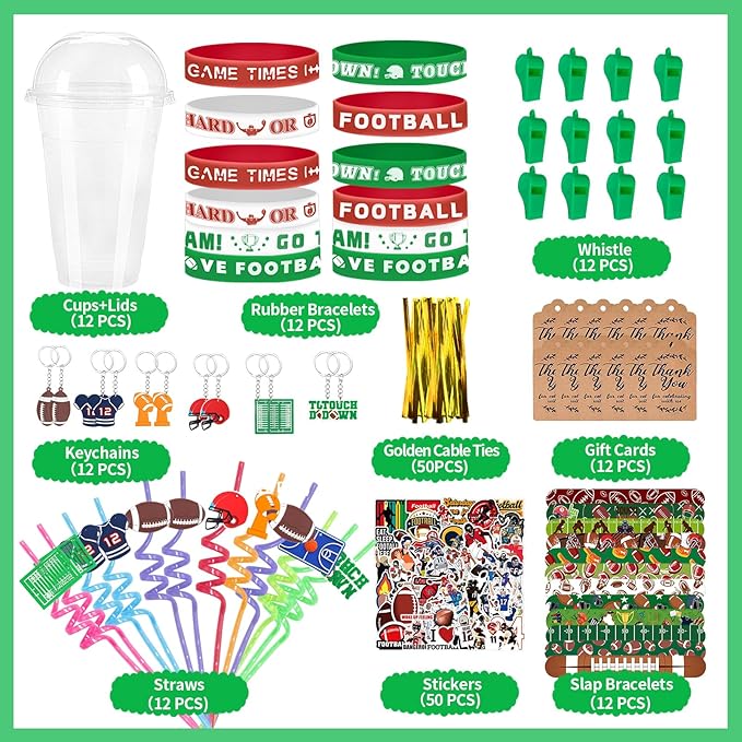 Football Party Favors 184 Pcs Football Birthday Party Decoration With Cups Straws Slap Bracelets Whistles Wristbands Keychains Stickers Thank you Tags for Sports Party Supplies (Football)