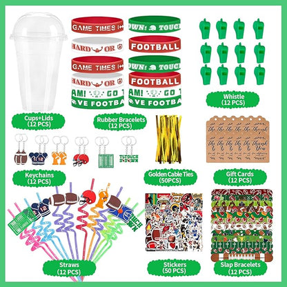 Football Party Favors 184 Pcs Football Birthday Party Decoration With Cups Straws Slap Bracelets Whistles Wristbands Keychains Stickers Thank you Tags for Sports Party Supplies (Football)
