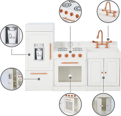 Teamson Kids Little Chef Paris Modular Contemporary Interactive Wooden Play Kitchen with Refrigerator, Oven, Sink, and Storage Space for Easy Clean Up, White with Rose Gold Finishes