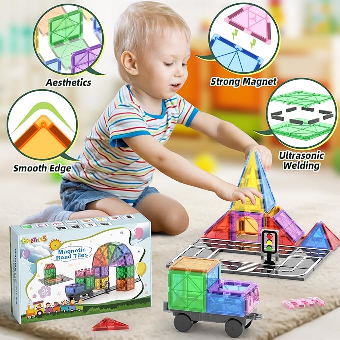 Magnetic Tiles Road Sets with Car Kits -Magnet Building Blocks Montessori Toys for Toddlers | Preschool Educational Sensory Construction Toys for Ages 3 4 5 6 7 Boys and Girls