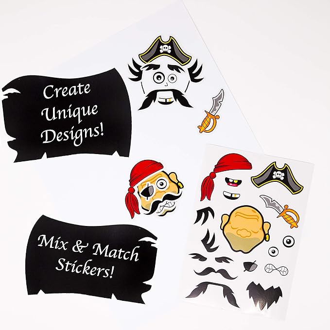 24 Make A Pirate Stickers for Kids - Great Pirate Theme Birthday Party Favors - Fun Craft Project for Children 3+ - Let Your Kids Get Creative & Design Their Favorite Pirate Stickers