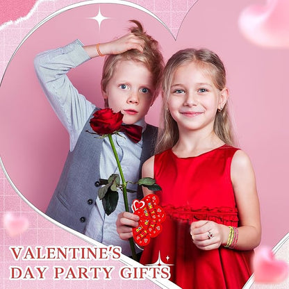 Sratte 50 Pcs Valentine's Day Neon Friendship Bracelets Bulk with 50 Pcs Heart Card for Valentine's Gifts Birthday Goodie Bag Stuffers(Paper,Slap Bracelets)