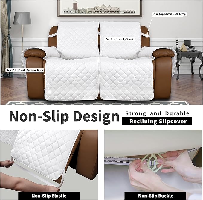 Easy-Going Loveseat Recliner Cover, Reversible Couch Cover for Double Recliner, Split Sofa Cover for Each Seat, Furniture Protector with Elastic Straps for Kids, Dogs, Pets(2 Seater, White/White)