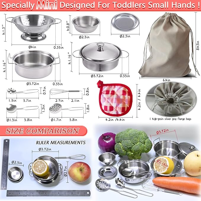 Rupnoflbui Kids Pretend Play Kitchen Toys,Mini Cooking Toys Set Play Kitchen Accessories with Stainless Steel Pots and Pans Set,Pretend Play Food Cooking Utensils Cookware for Girls Boys.11Pcs