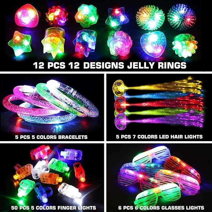 88PCs LED Light Up Toy Party Favors Glow in The Dark,Party Supplies Bulk for Adult Kids Birthday Halloween with 50 Finger Light, 12 Jelly Ring, 6 Flashing Glasses…