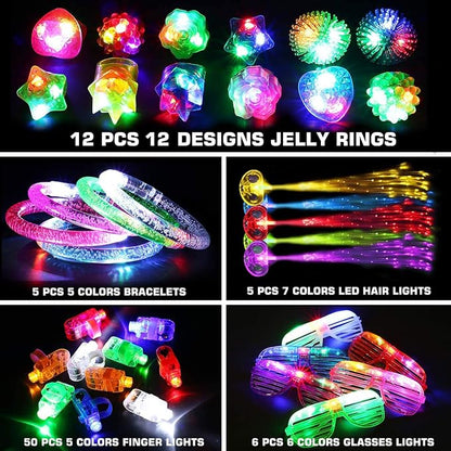 88PCs LED Light Up Toy Party Favors Glow in The Dark,Party Supplies Bulk for Adult Kids Birthday Halloween with 50 Finger Light, 12 Jelly Ring, 6 Flashing Glasses…