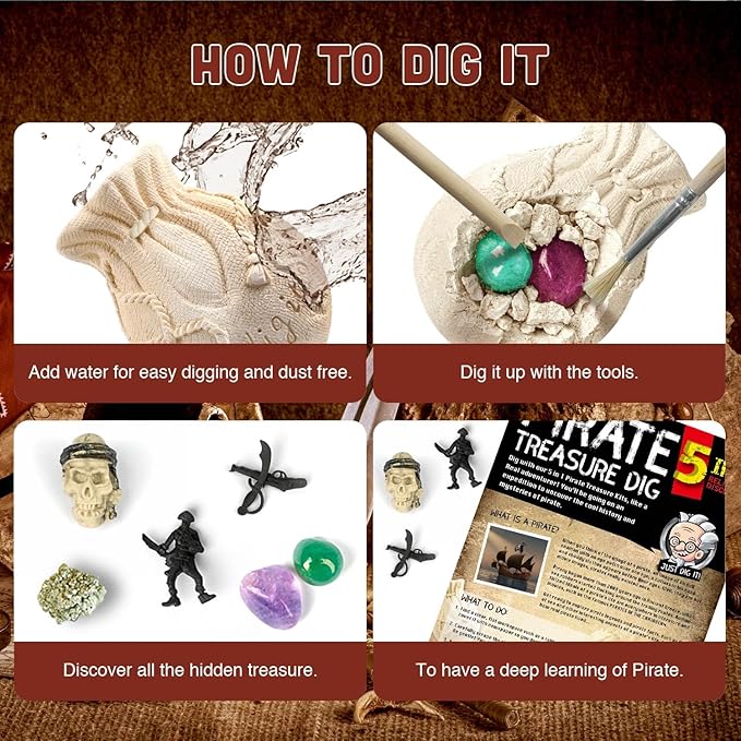 Gamerside Pirate Treasure Dig Kit Break Into 5 Bricks Treasure Hunt Pirate Kid Toys Gememstone Dig Kit Pirate Toys for Kids Birthday Gift Party Supplies Archeology Educational STEM Kit