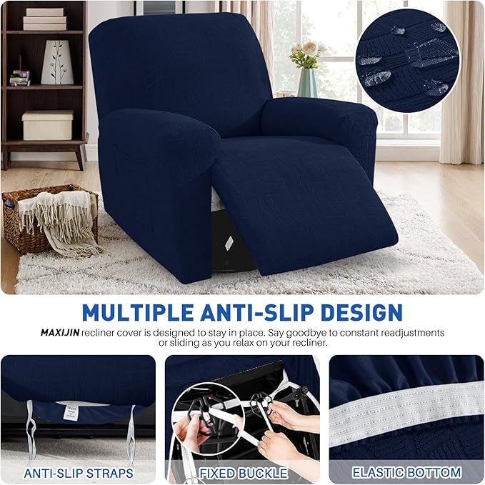 MAXIJIN Waterproof Recliner Covers for Large Recliner 3 Pieces Oversized Recliner Chair Covers, Washable Lazy Boy Reclining Slipcovers with Pockets for Pet, Kids (XL Recliner, Navy Blue)