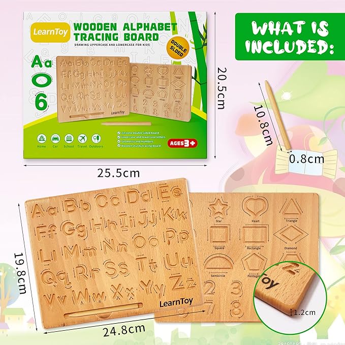 Montessori Wooden Alphabet Tracing Board - Educational Toy for Kids - Fine Motor Skills Development - Double-Sided Writing Practice - Ideal Gift for Preschool 3-5 Years Old.