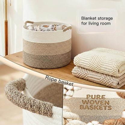 Artfeel 70L Large Cotton Rope Basket, Decorative Woven Blanket Storage for Living Room, Boho Toy Storage & Toy Box for Kids, Versatile Laundry Basket & Nursery Hamper for Blankets(BrownYellow)