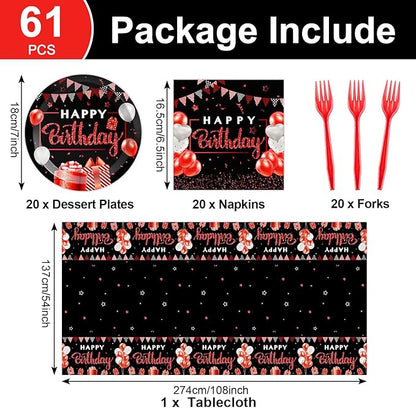 Red and Black Birthday Party Supplies Confetti Sprinkles Happy Birthday Party Tableware Includes Party Plates Napkins Fork and Red and Black Tablecloth for Birthday Parties Decorations Set Serve 20