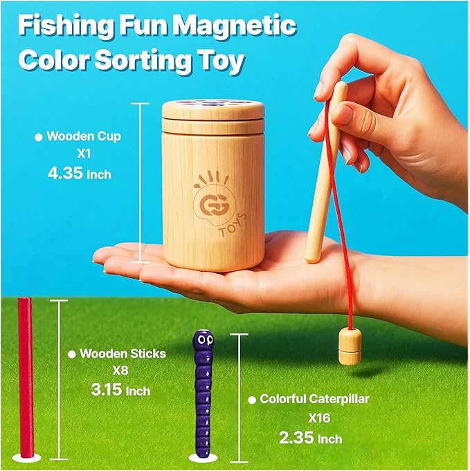 Montessori 3-in-1 Magnetic Fishing and Color Sorting Toys, Wooden Educational Toy for Ages 18 Months to 4 Years, Fine Motor Skills Learning Playset, Sensory Preschool for Toddlers, Boys, Girls