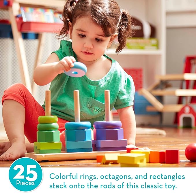 Melissa & Doug Geometric Stacker - Wooden Educational Toy & Deluxe Pounding Bench Wooden Toy with Mallet