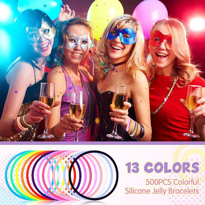 Nuenen 1000 Pcs Silicone Jelly Bracelets 80's Gummy Rubber Bracelets Multicolor Non Luminous Wristbands Bulk Rainbow Neon Bracelet Silicone Hair Tie for Party Favors Halloween