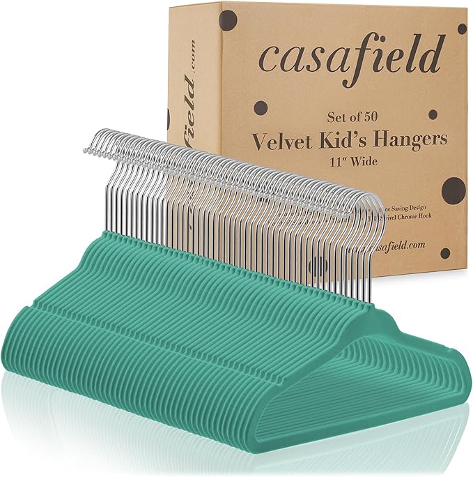 Casafield 50 Velvet Baby Hangers - 11" Size for Infant & Toddler Clothes - Teal
