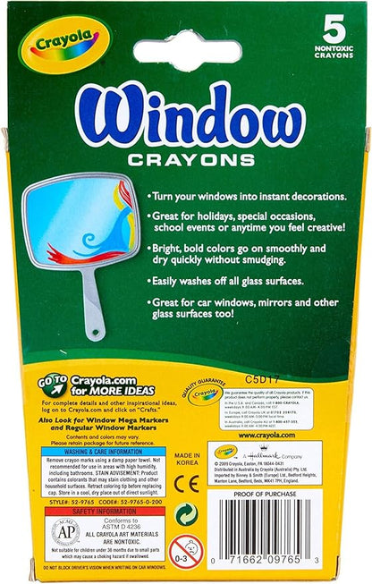 Crayola Washable Window Crayons, Glass and Window Art Supplies, Assorted Colors, 5 Count, Gift for Boys & Girls