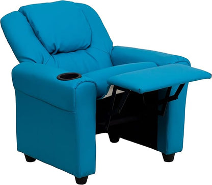 Flash Furniture Vana Vinyl Kids Recliner with Cup Holder, Headrest, and Safety Recline, Contemporary Reclining Chair for Kids, Supports up to 90 lbs., Turquoise