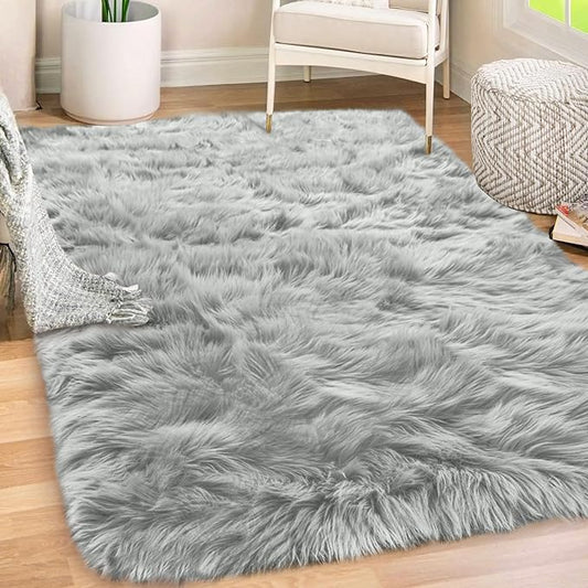 Gorilla Grip Fluffy Faux Fur Rug, 6x9, Machine Washable Soft Furry Area Rugs, Rubber Backing, Plush Floor Carpets for Baby Nursery, Bedroom, Living Room Shag Carpet, Luxury Home Decor, Light Gray