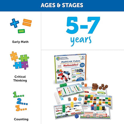 Learning Resources MathLink Cubes Kindergarten Math Activity Set: Mathmobiles! 115 Pieces, Ages 5+ Kindergarten STEM Activities, Math Activity Set and Games for Kids