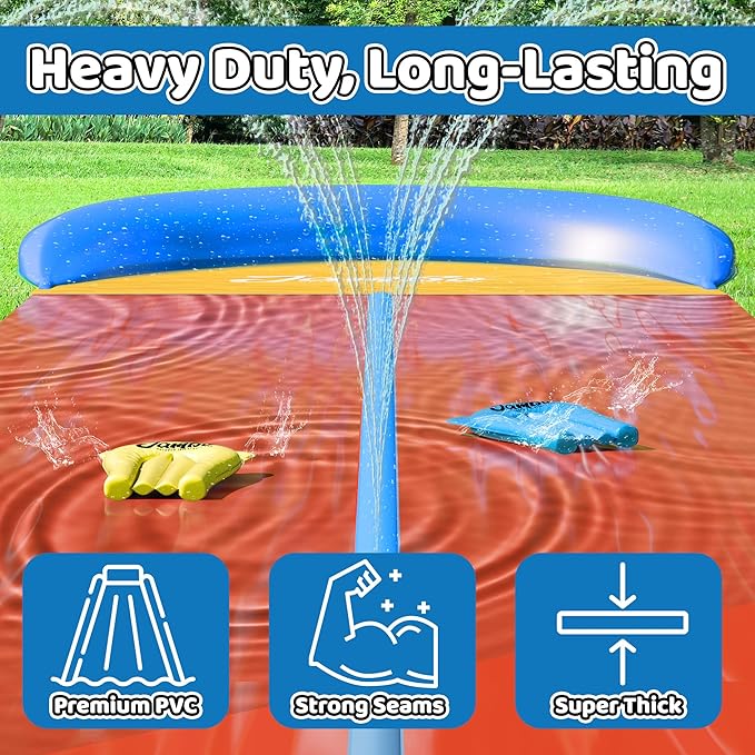 JAMBO 32FT Extra Extra Long Slip Splash and Slide, 2 Bodyboards, Heavy Duty Water Slide with Inflatable Crash Pad, Double Lane Slip Slides, Outdoor Backyard Water Slides n Toys for Kids