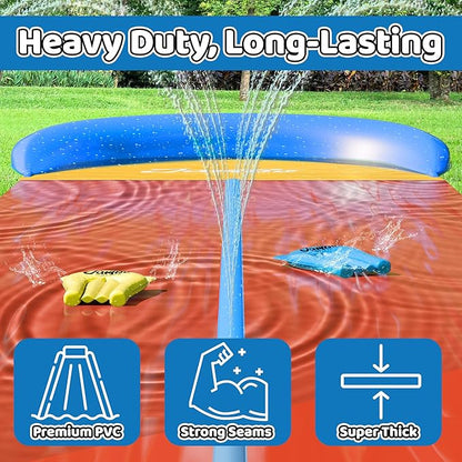 JAMBO 32FT Extra Extra Long Slip Splash and Slide, 2 Bodyboards, Heavy Duty Water Slide with Inflatable Crash Pad, Double Lane Slip Slides, Outdoor Backyard Water Slides n Toys for Kids