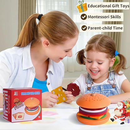 Montessori Toys for 3+ Year Old, Wooden Hamburger Stacking Food Toys for Toddlers 3 4 5, Preschool Learning Activities Fine Motor Toys, Kids Educational Gift for Boys Girls Birthday Christmas
