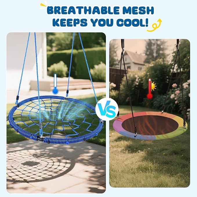 Trekassy 750lbs 40“ Spider Web Saucer Tree Swing for Kids Adults, Outdoor Net Swing with Steel Frame and 2 Hanging Straps-Blue+Black (Patented)