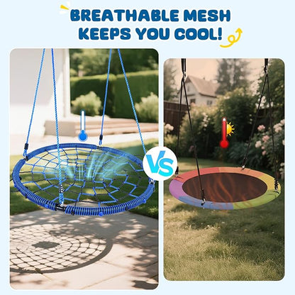 Trekassy 750lbs 40“ Spider Web Saucer Tree Swing for Kids Adults, Outdoor Net Swing with Steel Frame and 2 Hanging Straps-Blue+Black (Patented)