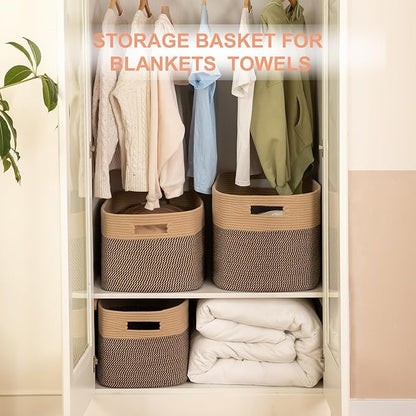 96L XL Large Cotton Rope Basket, Soft Toy Storage Bin for Nursery & Living Room, Decorative Blanket Basket for Bedroom, Baby-Safe Organizer for Pillows &Laundry, 24''×16''×15'', Brown & Black