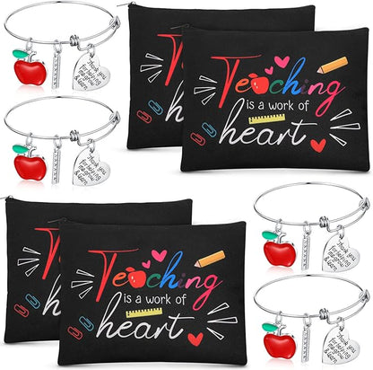 8 Pcs Teacher Appreciation Gift Set for Women, 4 Teacher Makeup Pouch Cosmetic Bags and 4 Bangle Bracelets, Christmas Valentines Thank You Gifts for Teacher (A Work of Heart)