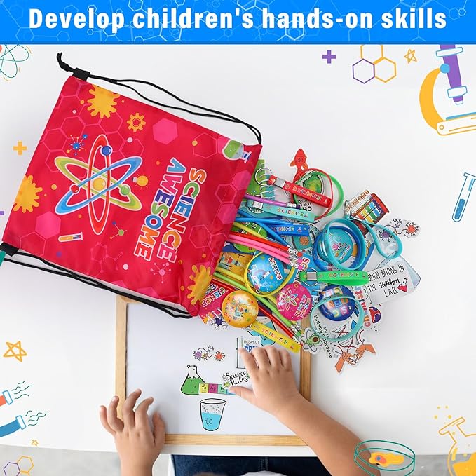 Zhanmai 140 Pcs Science Party Favors Include 12 Keychain 18 Mini Notebooks 50 Science Stickers 12 Bracelets 12 Science Name Badge 12 Drawstring Bags 12 Bendable Pencils 12 Button Pins for Kids Party