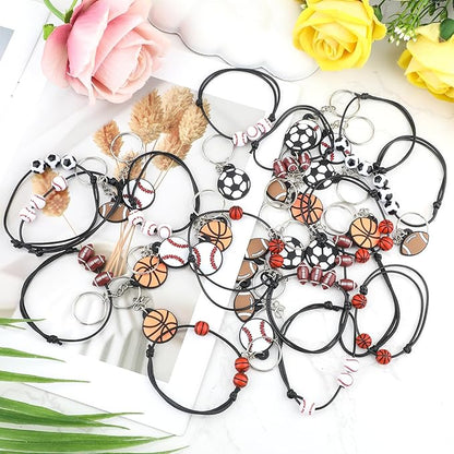 40pcs Sports Party Favors, 20pcs Sports Keychains & 20pcs Sports Bracelets with Football Basketball Rugby Baseball Sport Theme Thank You for Coming Gifts for Sports Party Supplies