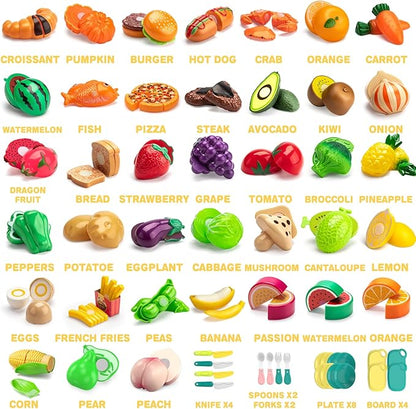 Cutting Play Food Toy For Multiple Kids with 2 Colors Storage Baskets(Purple&blue), 115 pcs Fake Food/Fruit/Vegetable for Toddler Pretend Kitchen Accessories, Boy Girl Classroom Learning/Birthday Gift