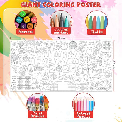 YQUQWN Giant Happy New Year 2025 Coloring Poster - 35.5×72 Inch Disco Ball Poster Tablecloth - Happy New Years Eve Crafts Party Favors - 2025 New Year Kids Activities Party Decoration Supplies