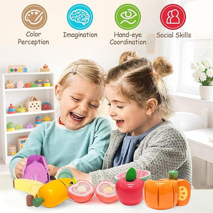 WHOHOLL 42 Pcs Play Food Set for Play Kitchen Accessories, Wooden Toys Pretend Cutting Food, Montessori Fruit and Veggies Christmas Birthday Gifts for Toddlers 3+ Years Old Girls Boys