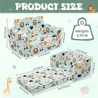 Kids Sofa, Comfy 2-in-1 Toddler Couch Fold Out, Convertible Sofa to Toddler Lounge Chair for Boys and Girls (Animal, Green)