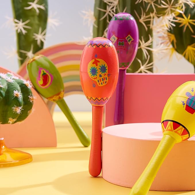 JOYIN 9 Pcs Fiesta Wooden Maracas 9 Designs Noisemaker for Cinco De Mayo Party Favors, Mexican Musical Fun, Carnivals, Taco Tuesday Event, Mexican Decorations, Luau Party