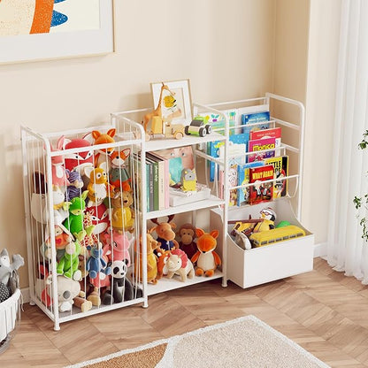 BBLIKE 3in1 Stuffed Animal Storage Organizer - Toy Storage with Kids Bookshelf & Large Plushies Holder for Kids Room - Multi-Functional Furniture for Nursery, Bedroom, and Playroom, White
